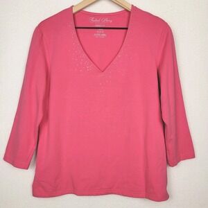 Faded Glory Pink V-Neck Stretch Top Women's L Rhinestone Accents 3/4 Sleeve Y2K